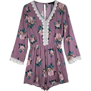 NIMI K‎ Purple Floral Print Shorts Romper Women's Size Medium NWT Lace Trim